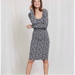 Boden Ballet Neck Blue Floral Ruched Jersey Dress Long Sleeve 2P XSP PXS
